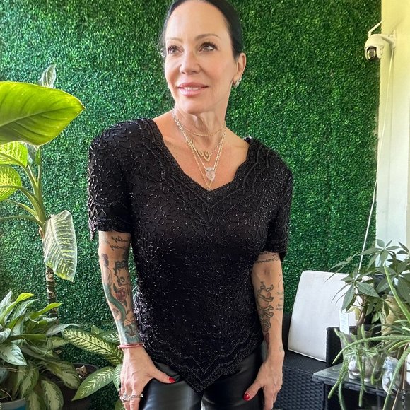 1980s Cote d'Azur Evening Black Sequined Beaded Fringe Top Handicraft Cropped - Picture 1 of 6